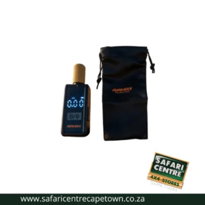 Digital tire deflator with brass nozzle and 0.00 bar display next to a black pouch labeled Airmax tire deflation (Safari Centre product).