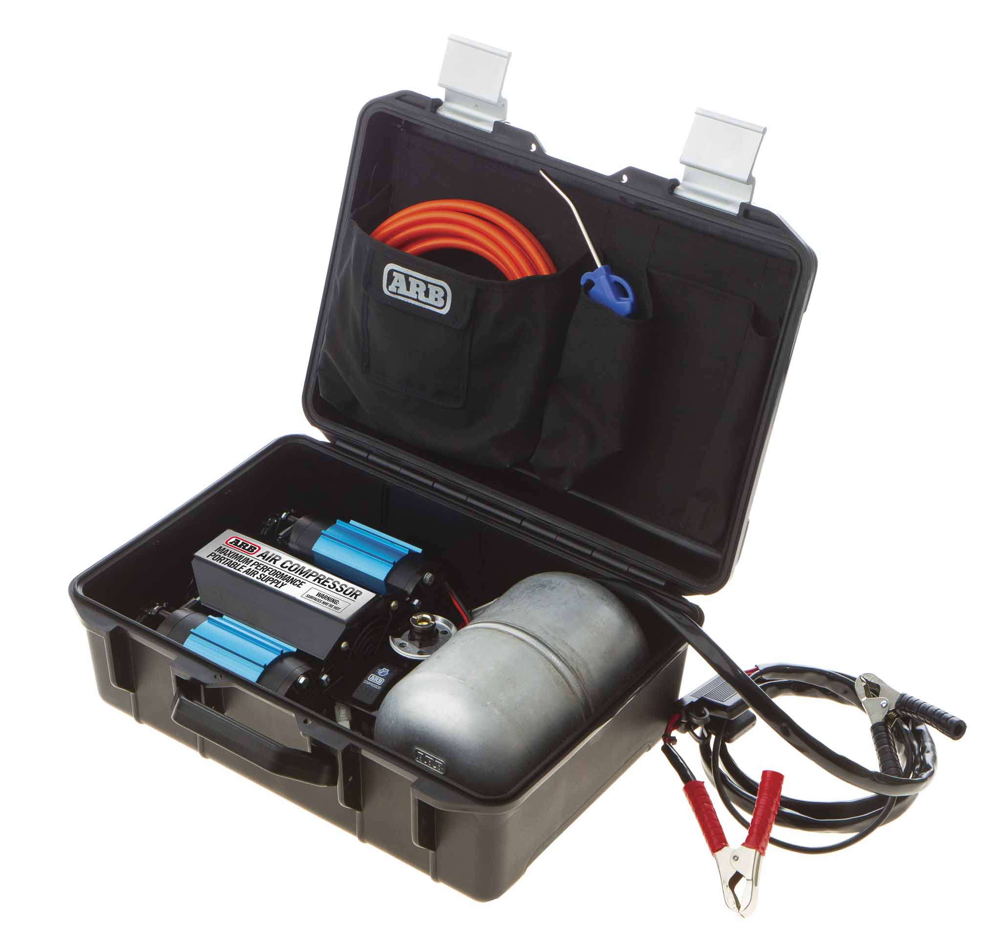 Open black case showing a portable air compressor kit with blue components and red jumper cables inside left pocket of the case.