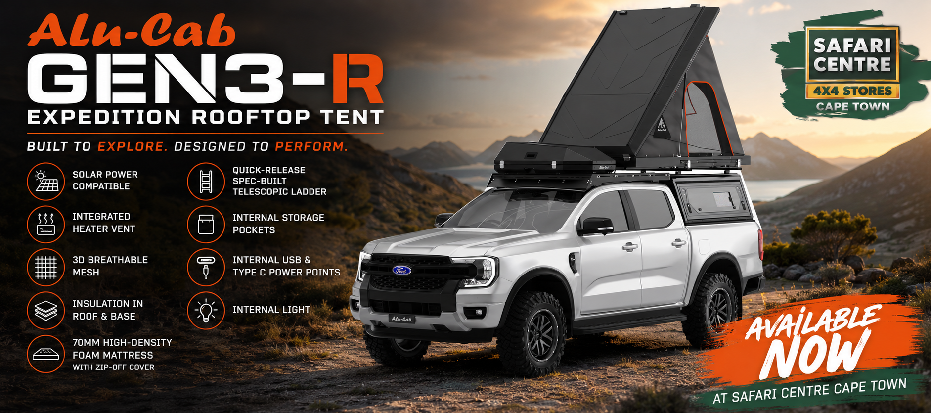 Promotional banner: a white Ford pickup with a rooftop tent mounted, advertising the Alu-Cab GEN3-R Expedition Rooftop Tent and features list.