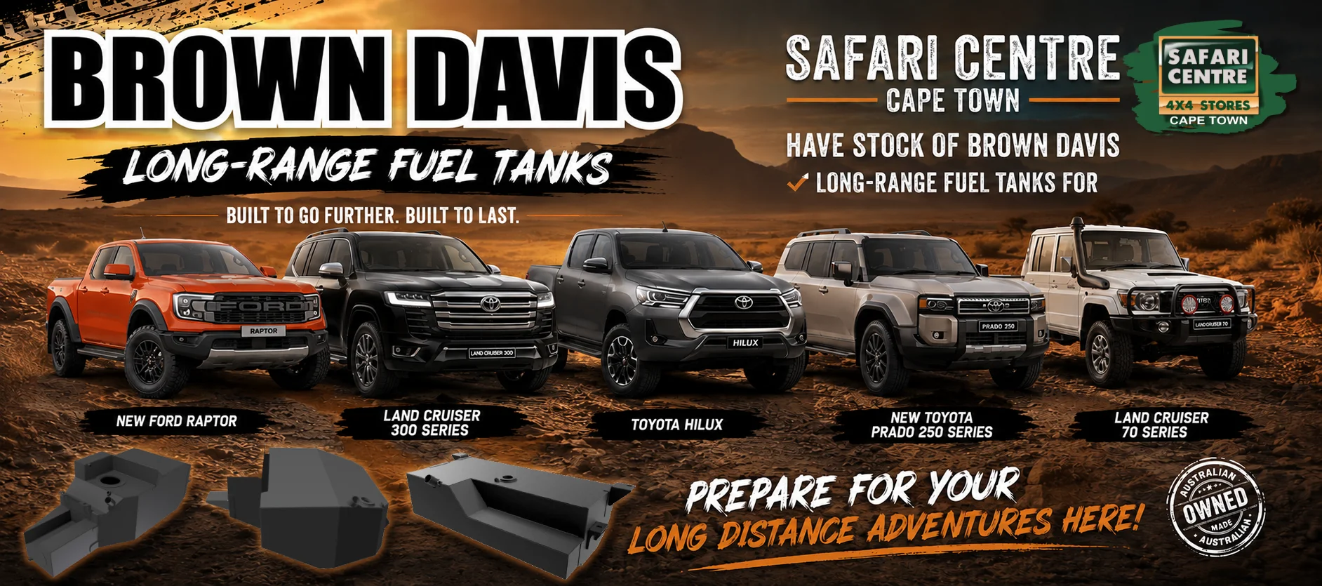 Advertisement banner for Brown Davis long-range fuel tanks showing six off-road vehicles in a desert at sunset