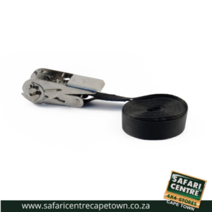 Metal ratchet strap buckle with a coiled black strap on a white background, used to secure cargo.