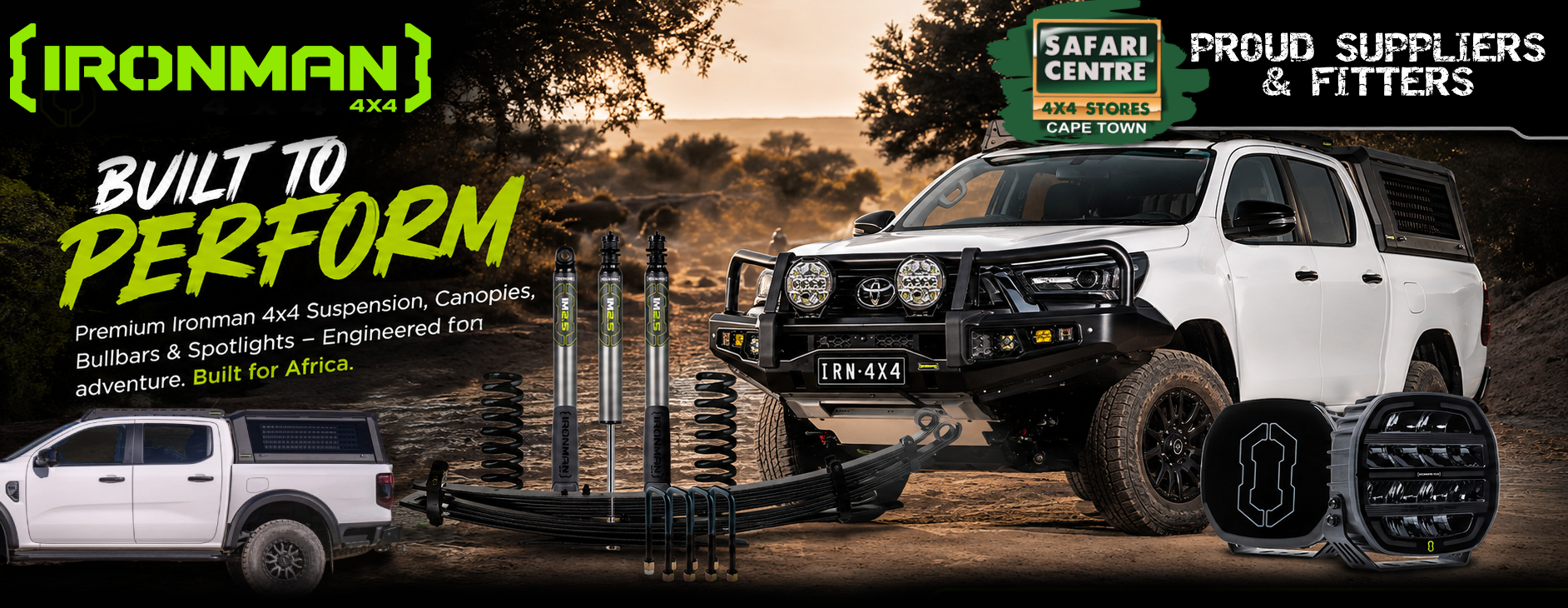 Bold banner advertising Ironman 4x4 suspension and accessories: white dual-cab pickup with bull bar, shocks, springs, and canopy against a desert backdrop; text reads 'Built to Perform' and 'Proud Suppliers & Fitters'.