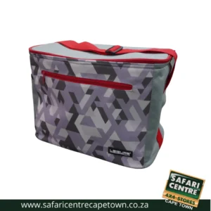 Geometric purple-gray insulated lunch bag with red zipper and strap, front pocket visible.