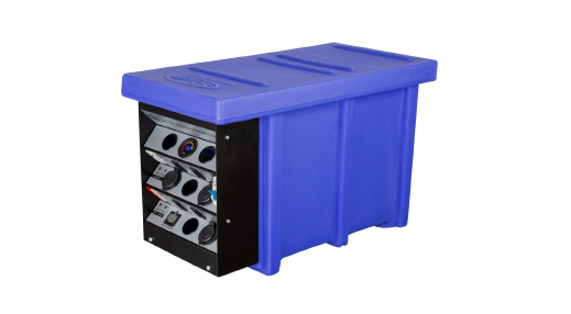 Blue plastic storage bin with a front-mounted metal panel containing gauges, switches, and outlets (industrial electrical equipment).