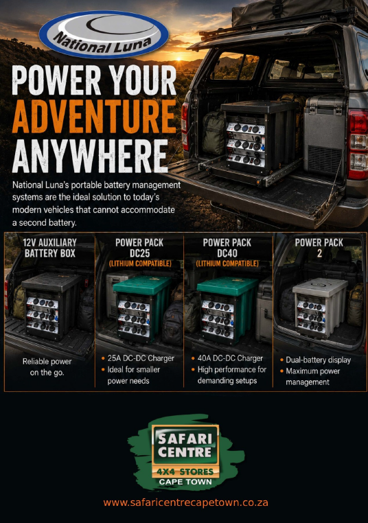 Promotional poster showing National Luna portable battery packs for off-road adventures, with a rugged SUV and the headline 'Power Your Adventure Anywhere.'