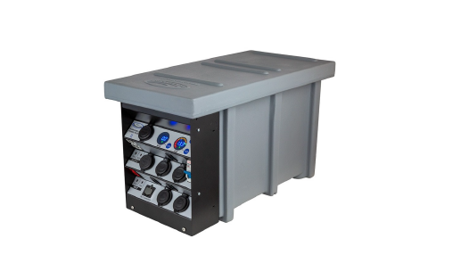 Gray portable electrical power distribution unit with gauges and knobs on the front panel under a protective lid