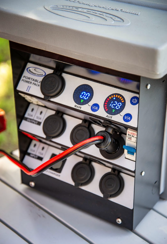 Close-up of a portable power pack control panel with multiple round sockets, a red battery cable, and blue digital readouts labeled MAIN and AUX showing voltage levels.