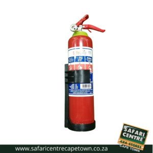 Red fire extinguisher with a pressure gauge, mounted on a black wall bracket; blue and white label visible on the bottle surface.