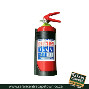Red fire extinguisher with a safety pin and label instructions, set against a white background.