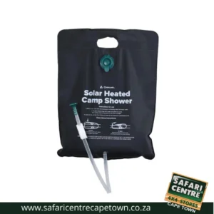 Solar heated camp shower bag with hose attachments and built‑in pump, shown with a handle at top and a green valve.