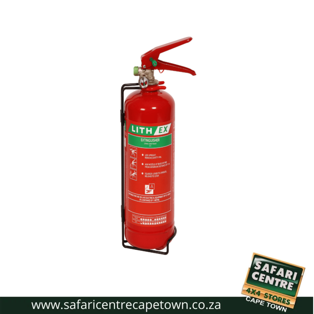 Red portable fire extinguisher with LITH EX label, mounted in a black metal stand.