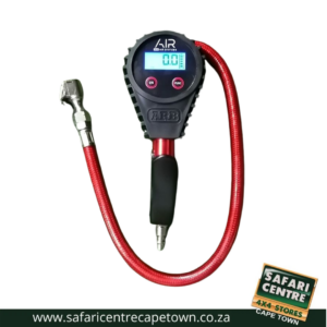 Digital tire inflator gauge with red braided hose and metal air chuck used to inflate vehicle tires (ARB brand) with a small digital display on the handle.