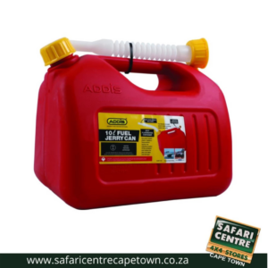 Red 10 L fuel can with yellow cap and attached white spout on top, label visible on side.