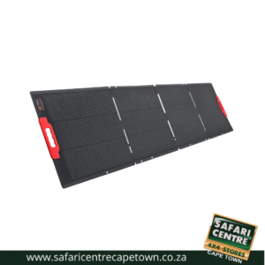 Foldable solar panel with red handles, designed for portable outdoor charging.