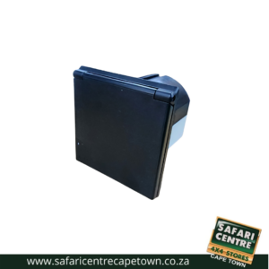 Black rectangular electronic device with a hinged lid on a white background; Safari Centre logo bottom-right.