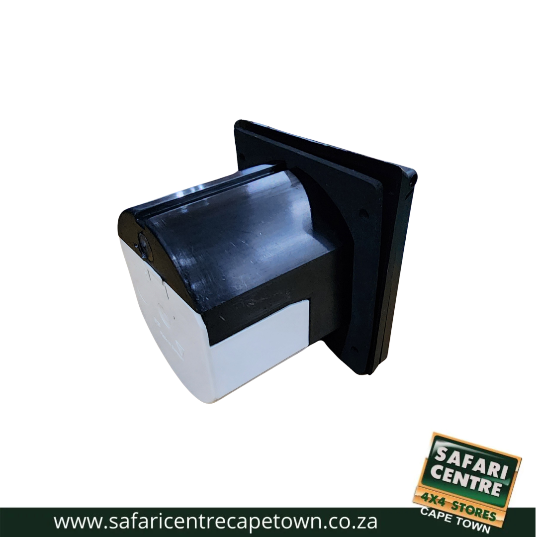 Roller assembly with black mounting plate and white curved roller, likely for a sliding door or gate mechanism