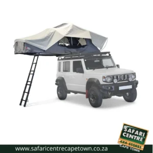 4x4 SUV with a rooftop tent extended and a ladder on the left, for off-grid camping gear display (Safari Centre advertised)