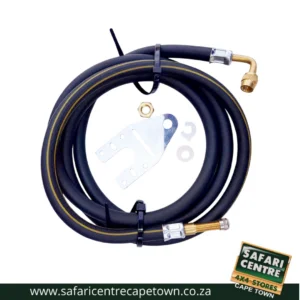 Coiled black hose with brass fittings and mounting brackets, part of a 4x4 hose kit, Safari Centre branding visible.