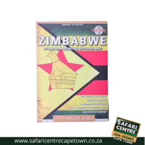 Zimbabwe GPS road map cover: 1:300,000 high-detail map title with a colorful geometric background and a bird emblem