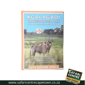 Front cover of a travel map: Kgalagadi Transfrontier Park, antelope in savanna, and 'Let's Explore Africa' banner at the bottom corner.