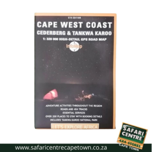 Cover of a Cape West Coast road map book with title CADERBERG & TANKWA KAROO and tagline '1:320 000 High-Detail GPS Road Map' and a starry night scene; Safari Centre logo at bottom-right.