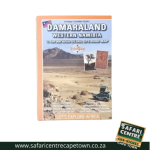 Cover of a travel map book: Damaraland, Western Namibia, 1:430,000 high-detail GPS road map with desert scene and safari branding bottom right.