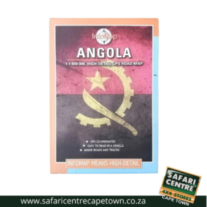 Cover of an Angola GPS road map by InfoMap, with bold ANGOLA title and a yellow circular emblem on a pink-to-dark gradient background. Safari Centre watermark at bottom-right.
