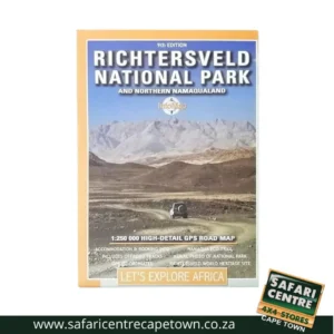 Poster for Richtersveld National Park map with desert mountains and a dirt road; features title and 'Let's explore Africa' tagline at bottom.