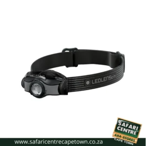 Ledlenser headlamp with adjustable black strap and front flashlight, product photo from Safari Centre