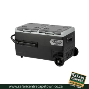 Portable dual-lid travel cooler on wheels with handle, labeled Travel Box 75 by National Luna, shown with Safari Centre branding.