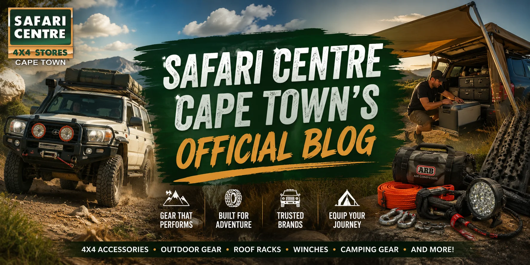 Promotional banner: Safari Centre Cape Town's official blog with a rugged 4x4 vehicle and camping gear in a desert landscape.