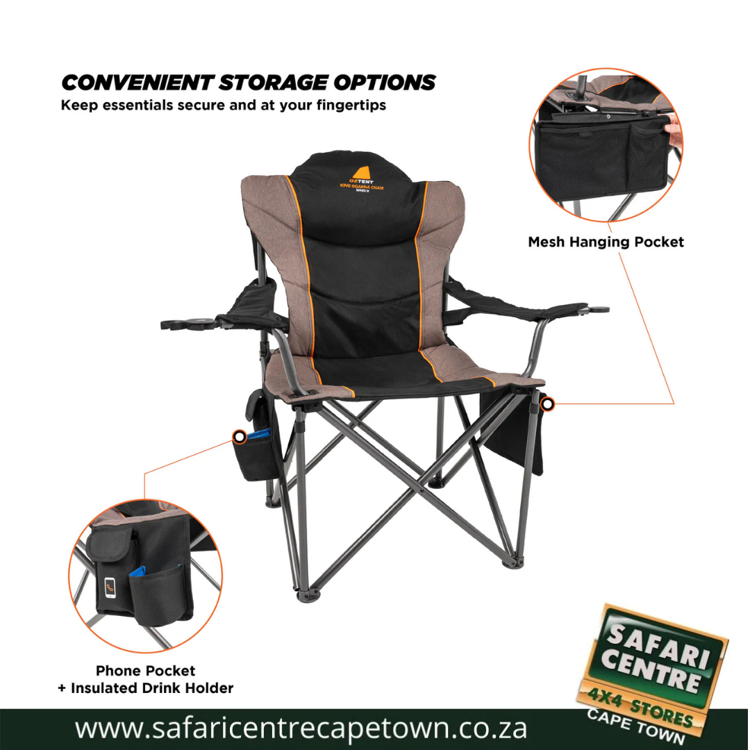 Portable folding camping chair with built-in pockets for a phone, drinks, and mesh organizers (side view). It also shows an insulated drink holder and carry bag.
