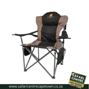 Foldable outdoor camping chair with brown and black fabric, orange piping, cup holder and side pocket.