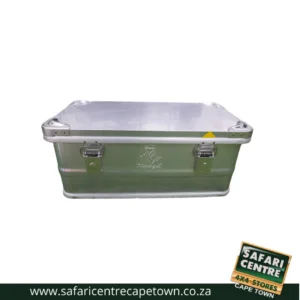 Aluminum hard case with reinforced corners, two latches, and a small yellow warning sticker on a white background.