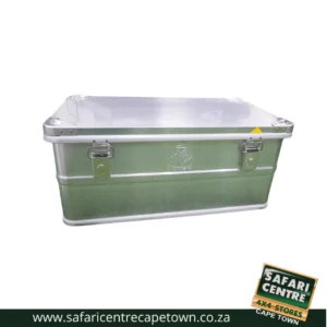 Large silver aluminum cooler box with a clear lid and two latches on a white background. It appears to be a waterproof, portable ice chest.