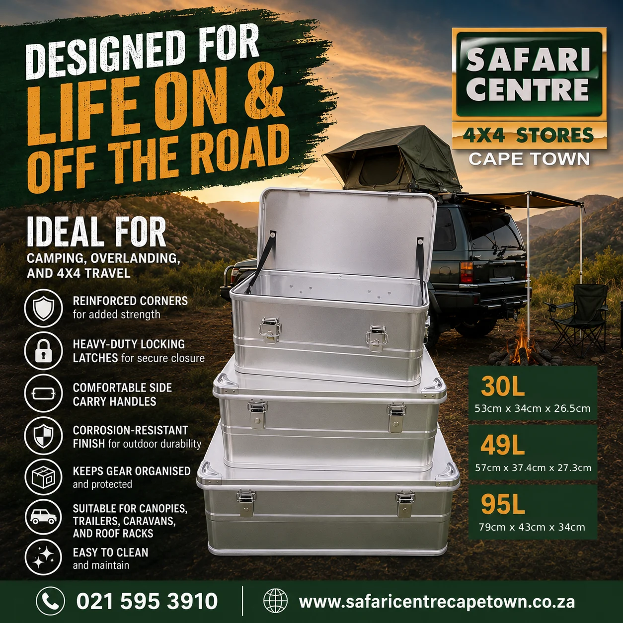 Advertising poster for Safari Centre Cape Town featuring stacked aluminum storage boxes for camping and 4x4 travel, with slogan 'Designed for life on & off the road' and sizes listed (30L, 49L, 95L).