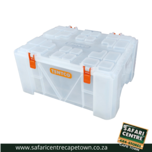 Clear plastic tackle/storage box with orange latches, multiple compartments, and a Tentco logo on the side.