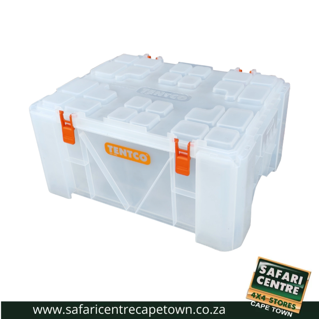 Clear plastic tackle/storage box with orange latches, multiple compartments, and a Tentco logo on the side.