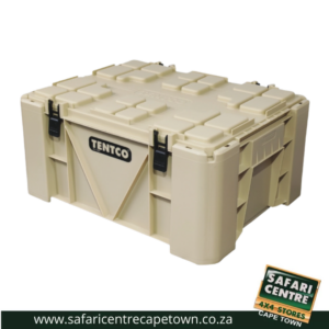 Beige heavy-duty plastic storage box with side latches and Tentco logo on the front panel.