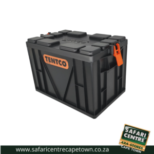 Black hard plastic toolbox with top latches and orange locking clasp (Tentco) from Safari Centre