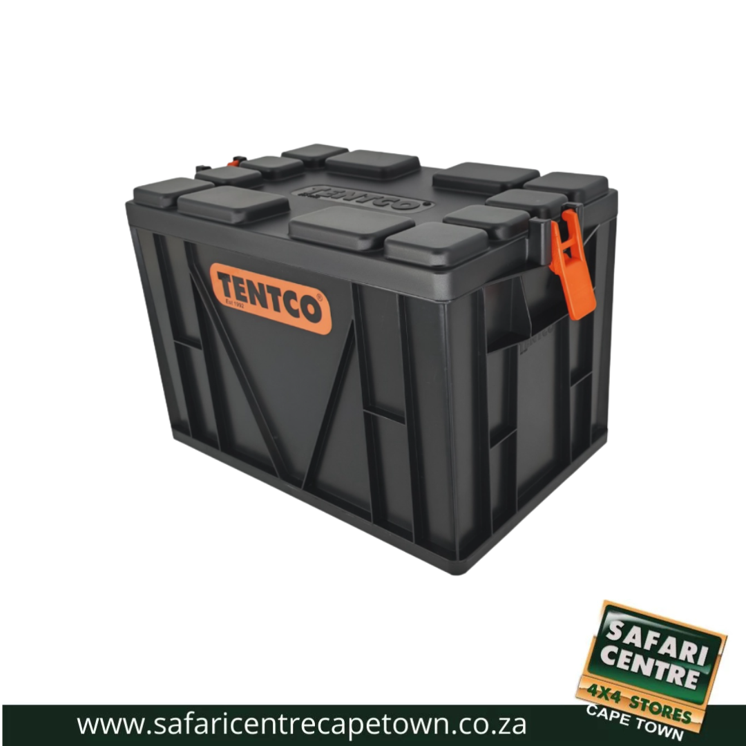Black hard plastic toolbox with top latches and orange locking clasp (Tentco) from Safari Centre